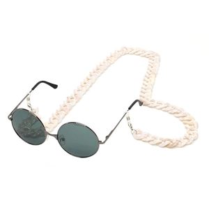 Retro round sunglasses with dark green lenses and a pearlescent white acrylic chain