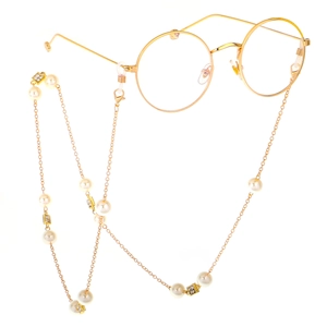 Golden round frame glasses with vintage pearl and rhinestone metal chain accessory