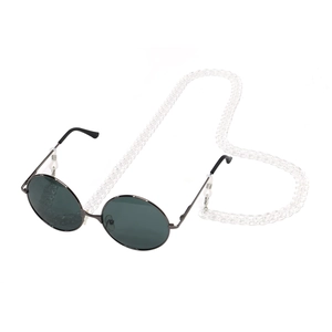 Close-up of clear acrylic link chain attached to round black metal frame sunglasses