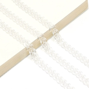Macro detail of clear acrylic link chain straps for glasses and bags with oval design