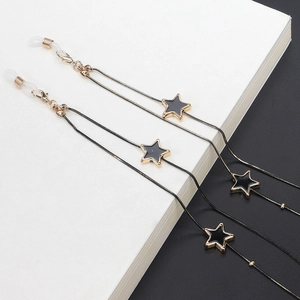 Dual-use black crystal star glasses chain with gold lobster clasp and silicon loops