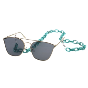 Occhiali da sole dorati con catena decorativa in acrilico a maglie larghe blu chiaro