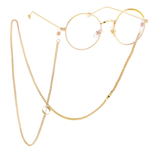 Minimalist round gold metal sunglasses with matching box chain strap on white background
