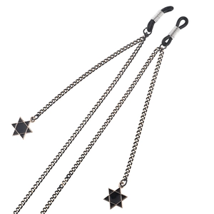 Fashionable black eyewear chain featuring gold-rimmed hexagram charms and adjustable loops