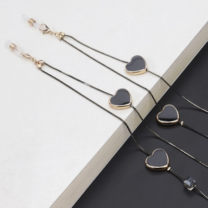 Dual-use black heart crystal glasses chain and necklace with gold-plated heart charms