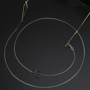 Silver square link glasses chain featuring a minimalist hollow circular metal buckle design