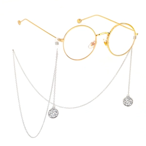 Lunettes dorées rondes avec chaîne antidérapante et pendentif arbre de vie argenté