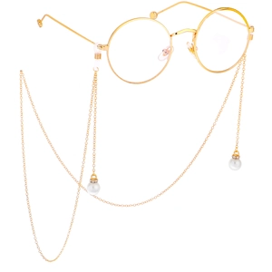 Golden eyewear chain with white pearls and rhinestones on round metal glasses frame