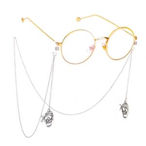 Punk style silver skull charm eyeglass chain with vintage gold metal round frame glasses