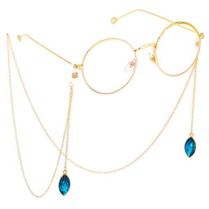 Fashion Glasses Chain Metal Eyeglass Lanyard With Blue Marquise Crystal Pendants Anti-Slip Silicone Loops Vintage Jewelry For Women
