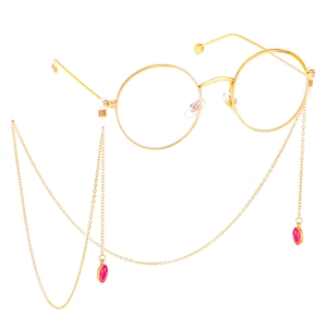 Lunettes rondes rétro en métal avec chaîne dorée et pendentifs visage souriant rose