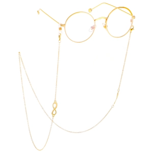 Golden round frame glasses with a matching infinity symbol eyewear chain accessory
