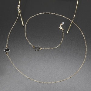 Golden eyeglass chain with black rose charms and non-slip silicone loops accessory