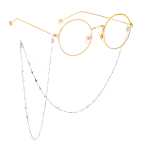 Silver stainless steel eyeglass chain featuring decorative small cross charms on link chain
