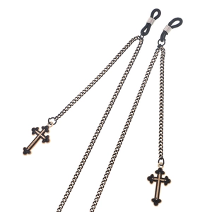 Fashionable black and gold eyewear chain with cross pendants and non-slip rubber loops