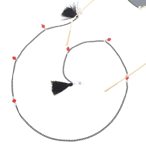 Chaîne à lunettes en métal noir avec perles de cristal rouge et glands noirs