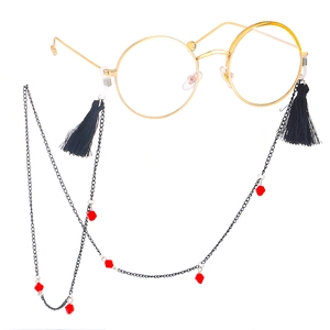 Chaîne De Lunettes En Métal Noir Rétro Avec Perles Rouges Et Glands Cordon Anti Glisse Pour Lunettes De Soleil