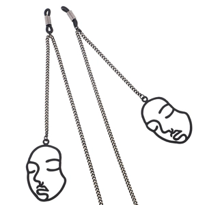 Minimalist black glasses chain with creative abstract face profile pendant and metal link cord