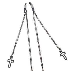 Minimalist black copper eyewear chain with hollow cross pendants and rubber loops