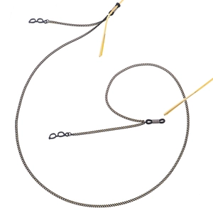 Sleek dark gray metal eyeglass chain with black rubber loops on thin gold frame glasses