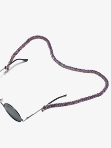 Braided multicolor eyewear strap with retro round sunglasses in 45-degree view