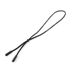 Detail of black braided eyewear strap with adjustable slider bead and rubber ends