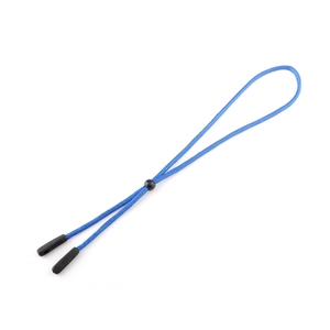 Close-up of blue braided eyewear strap with black adjustable slider and rubber ends