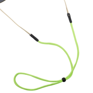 Detail of bright green braided eyewear strap with adjustable black toggle and secure loops