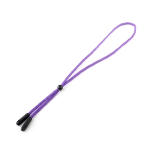 Detail of purple braided eyewear strap with black adjustable slider bead and end caps