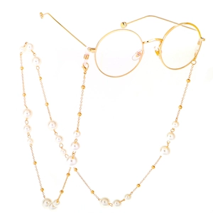 Golden pearl eyewear chain and sweater necklace with white pearls and silicone ends