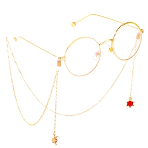 Retro gold round metal glasses with anti-slip chain featuring red rhinestone star charms