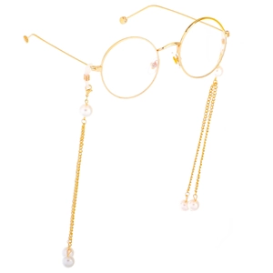 Elegant gold round frame glasses featuring a decorative white pearl multi-functional chain