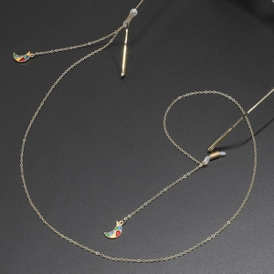 Golden metal glasses chain with colorful enamel moon pendants and anti-slip silicone loops