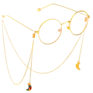 Golden round frame glasses with colorful enamel moon pendants on anti-slip metal chains