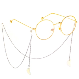 Chaîne de lunettes argentée en acier avec pendentifs lune opale et lunettes dorées rondes