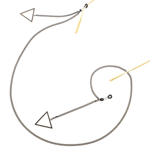 Minimalist black metal glasses chain featuring golden-edged triangle charms and secure loops