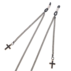 Minimalist black eyewear chain featuring a cross pendant and non-slip rubber loops