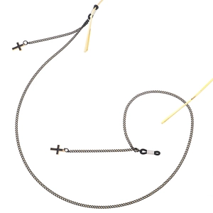 Fashionable black eyewear chain with cross pendants and adjustable rubber loops for glasses