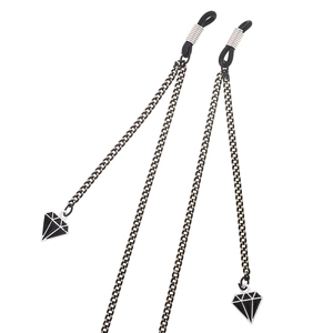 Chic black metal eyewear chain with geometric diamond pendants and silicone loops