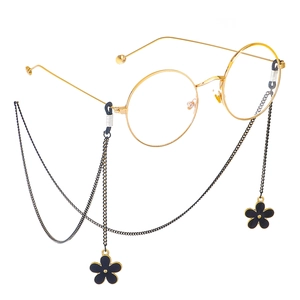 Chaîne De Lunettes Élégante En Alliage Métallique Cordon De Lunettes Antidérapant Avec Pendentifs Fleurs Noires Pour Lunettes De Soleil