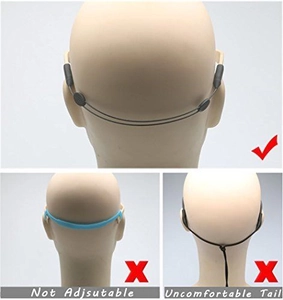 Detail showing adjustable black silicone eyewear strap versus standard long tail cords