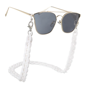 Detailed view of thick white acrylic link eyeglass chain with silver lobster clasps