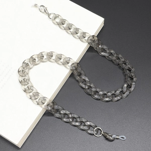 Detail of grey and transparent acrylic eyeglass chain with silver lobster clasps