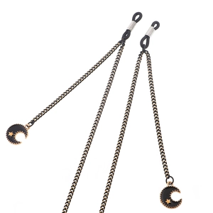 Chaîne à lunettes noire minimaliste avec pendentifs lune et étoile sur cordon à billes