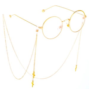 Lunettes dorées à monture ronde avec chaîne antidérapante et pendentif en croix