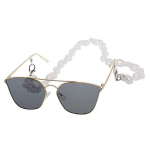 Detail of pilot sunglasses with gold metal frame and white acrylic chunky link chain