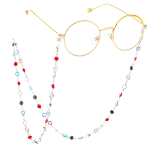 Golden round glasses with colorful beaded chain and vibrant translucent disc charms