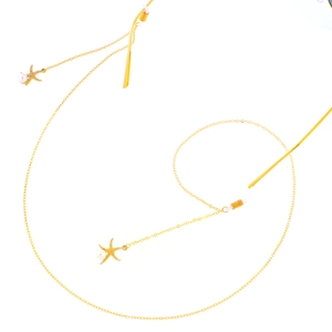 Golden eyewear chain featuring starfish charms and white faux pearls on a white background