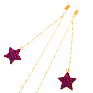 Golden metal eyewear chain with purple fabric star pendants and non-slip rubber loops