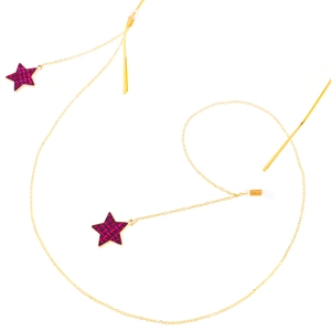 Golden metal eyewear chain with star-shaped tweed pendants and non-slip silicone loops